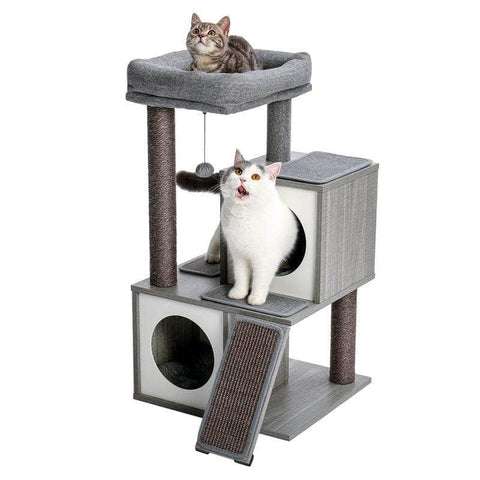 Dark grey cat scratching post with with playing ball