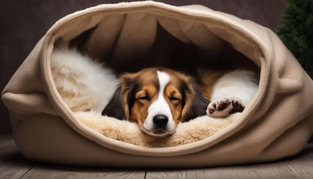 Dog sleeping in a hooded dog bed